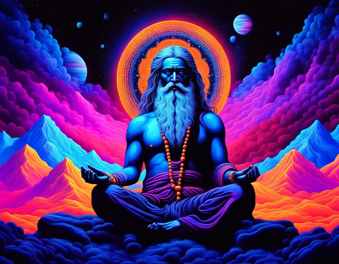 Indian Sage Meditating in Neon Blacklight