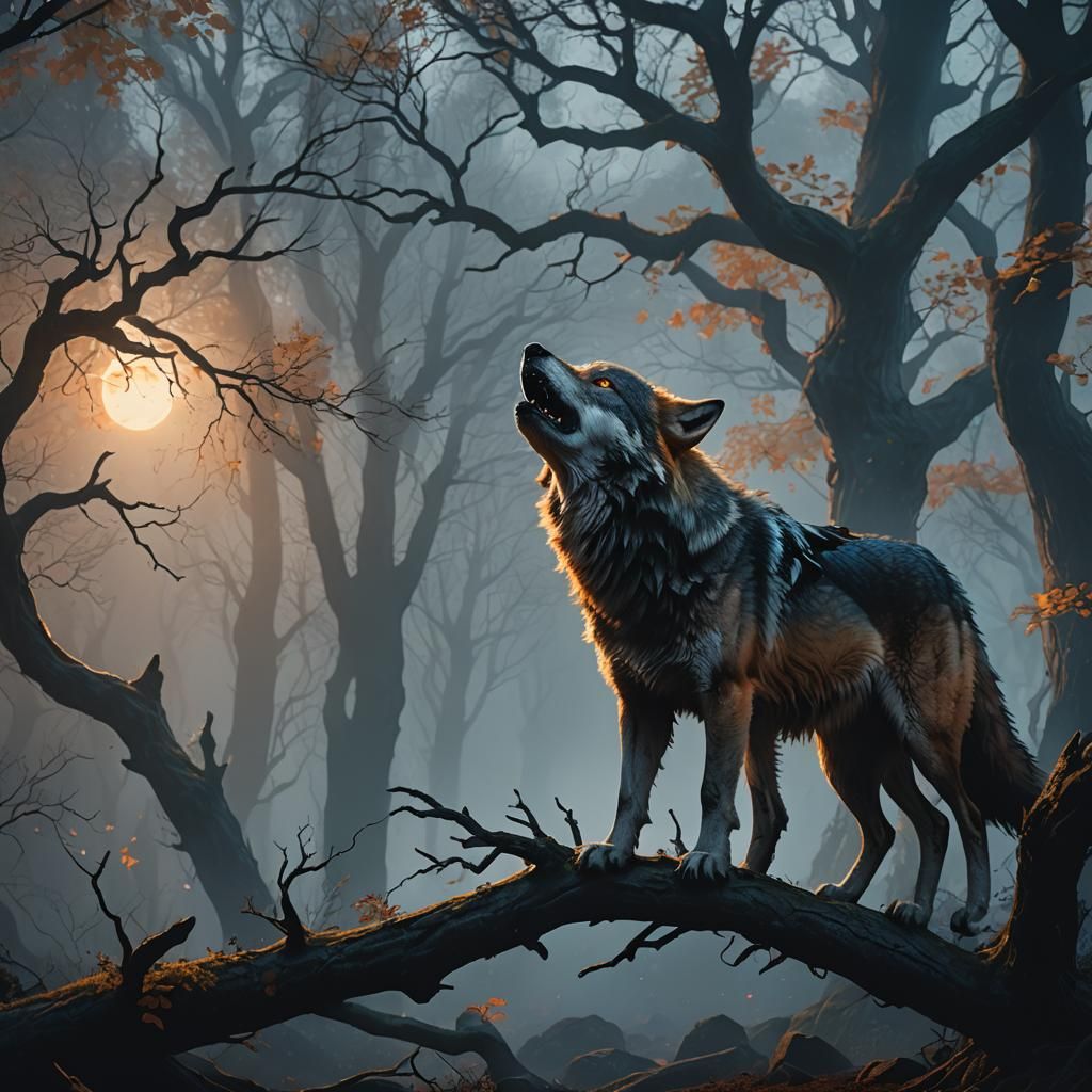 Wolf Howling in Misty Forest: Fantasy Concept Art