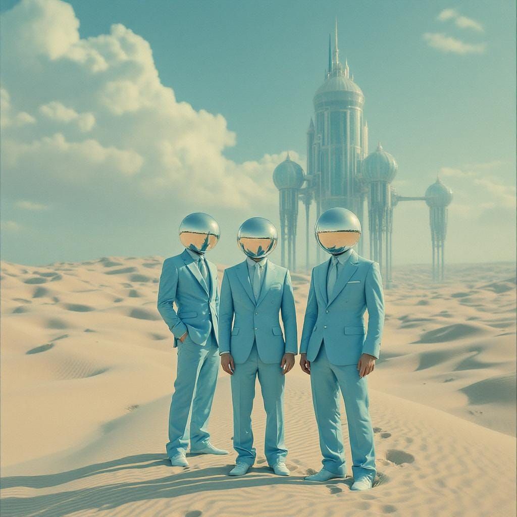 A surreal image of three men