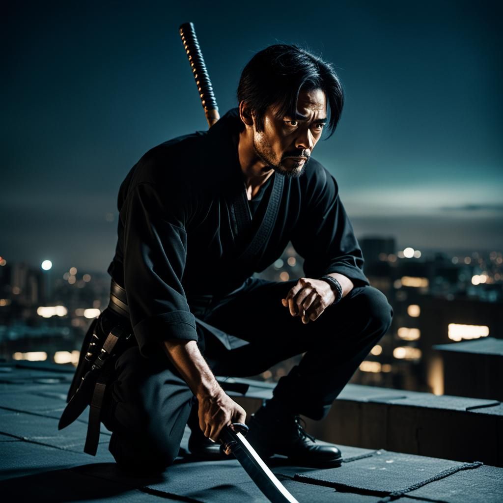 Dramatic Rooftop Katana Duel in Cinematic Style