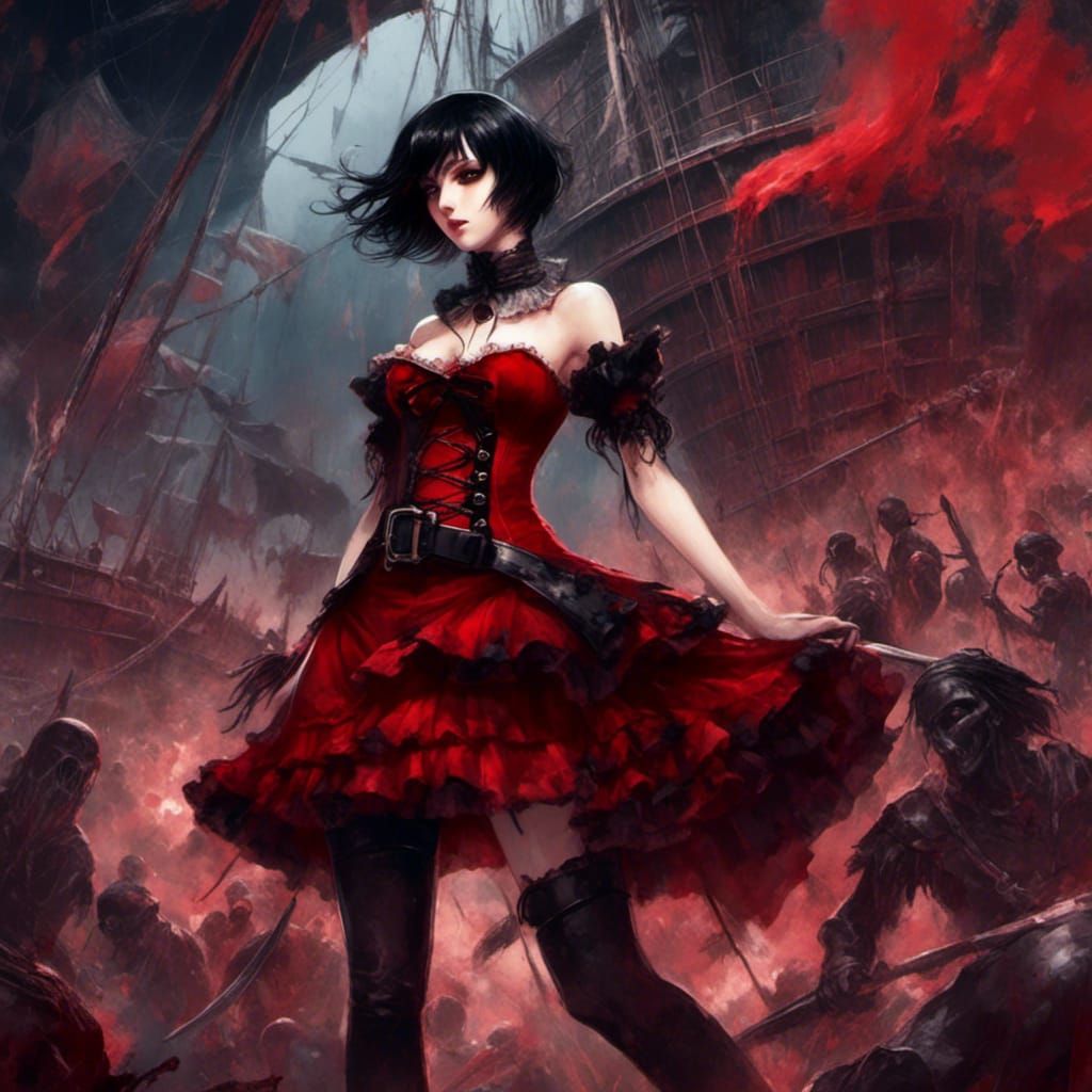 Gothic Anime Pirate Girl with Black Wings