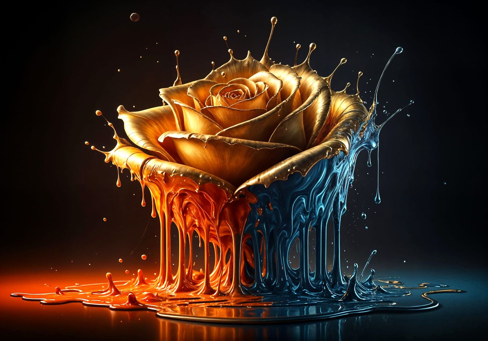 Surreal Golden Rose Melts into Vibrant Paint