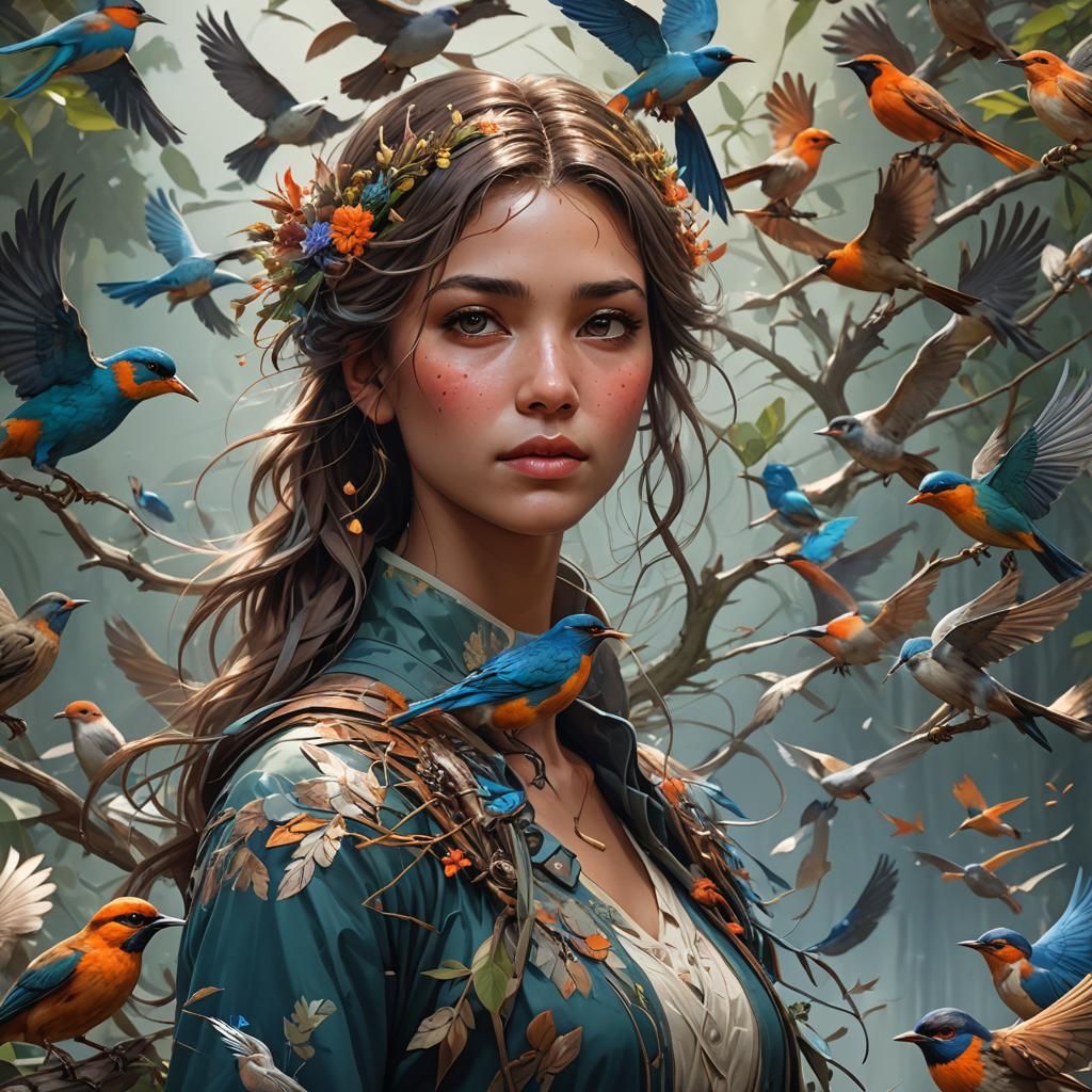 Detailed Portrait of Migratory Birds in Art Nouveau Style