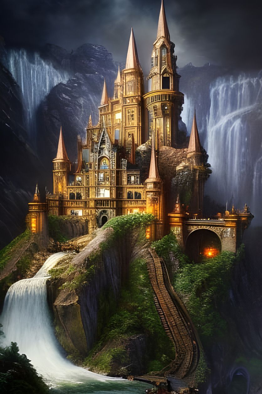 Silver and Orange Medieval Castle Over Waterfalls