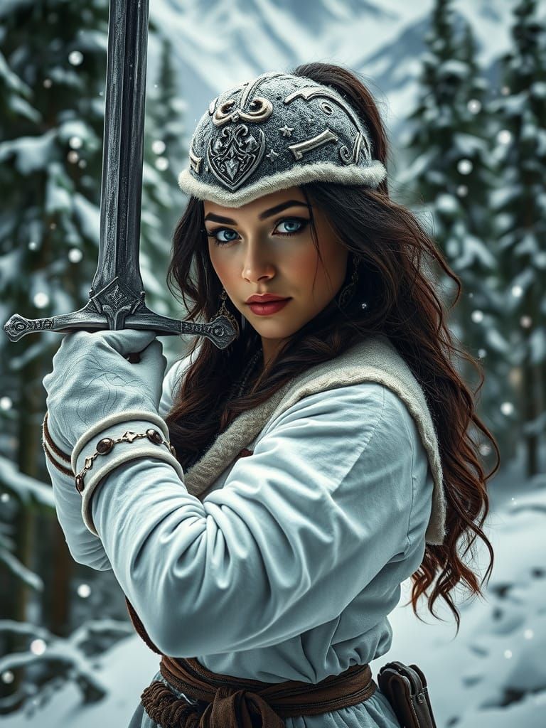 Warrior Woman with Sword in Snowy Forest, Dark Fantasy
