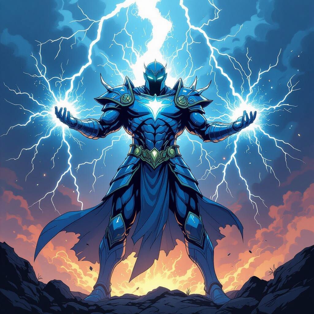 Lightning God in Blue Armor Harnessing Electric Power