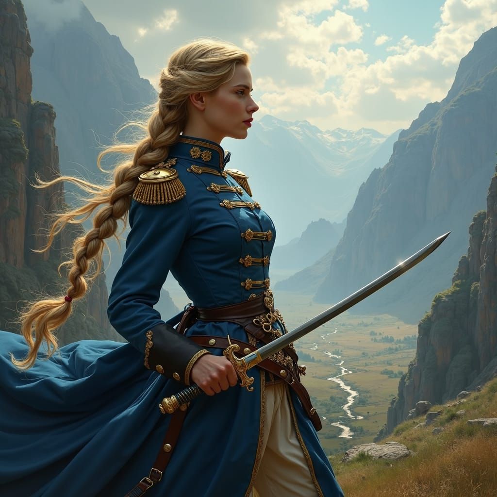 Heroic Woman Officer in Mountain Landscape