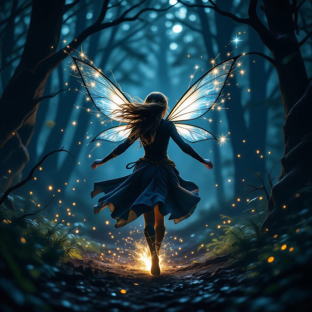 Fairy Runs Through Dark Forest with Starlight Trails