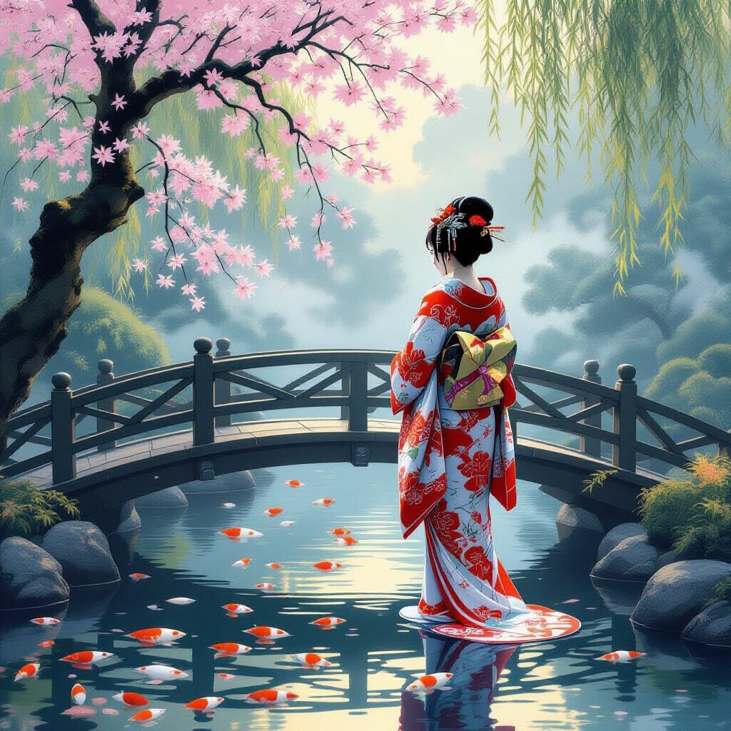 Geisha on Misty Bridge Overlooking Koi Pond at Dawn