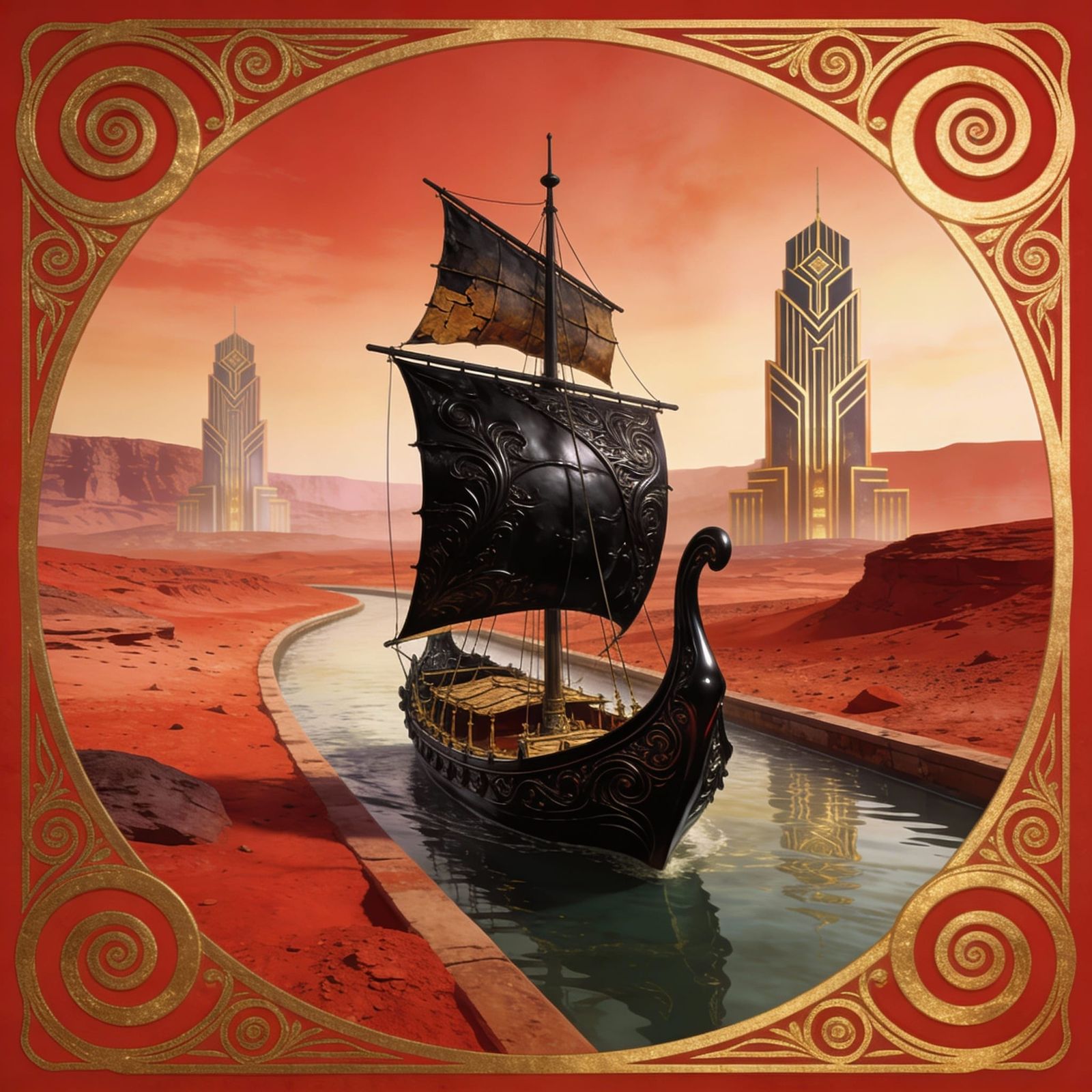 Alien Barge on Mars Canal with Art Deco Towers