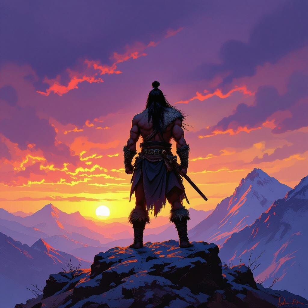 Mongolian Warrior on Mountain Peak, Oil Painting Style