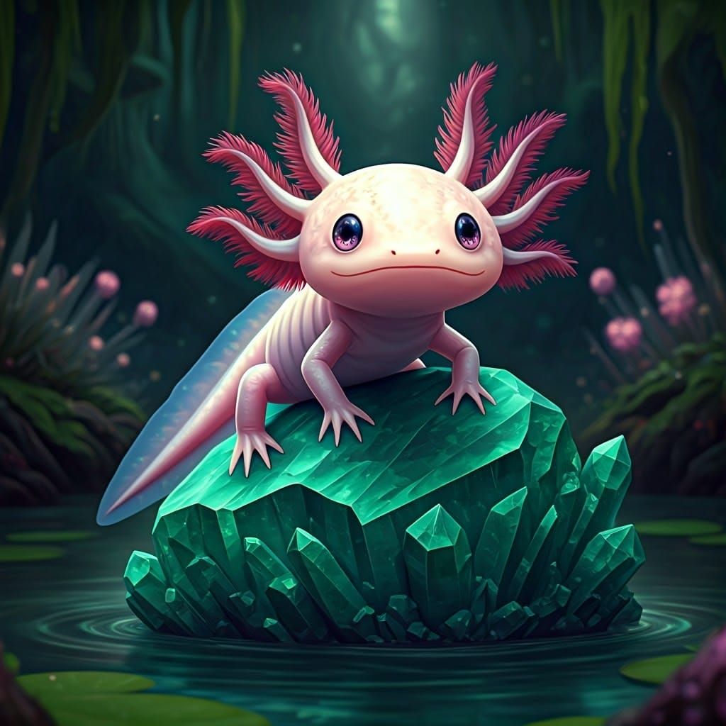 Glossy Chibi Axolotl in Crystal Swamp Oasis