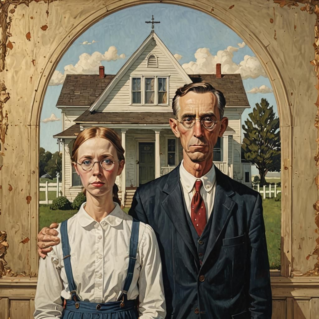 American Gothic painting in the style of Norman Rockwell