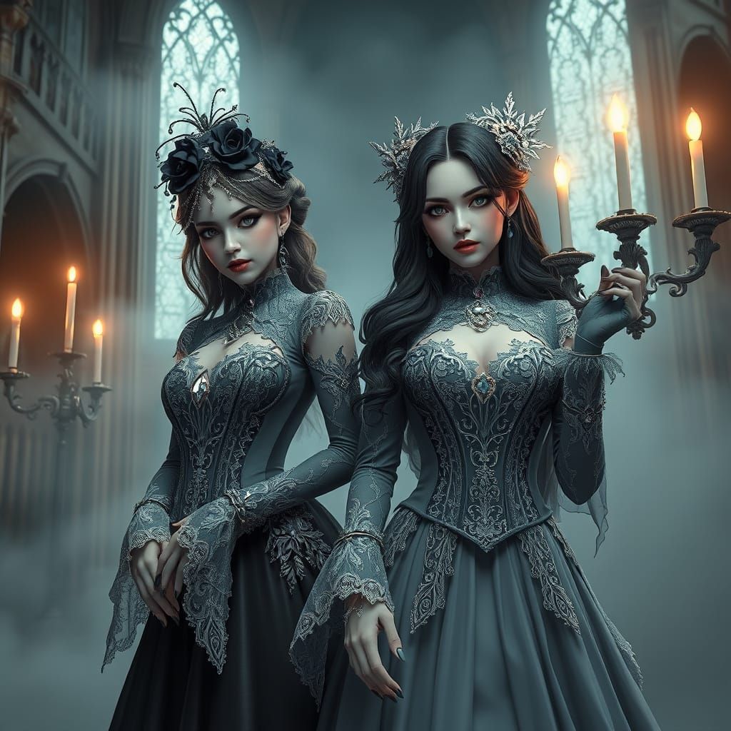 Mysterious Gothic Women in Victorian Attire Pose in Haunting...