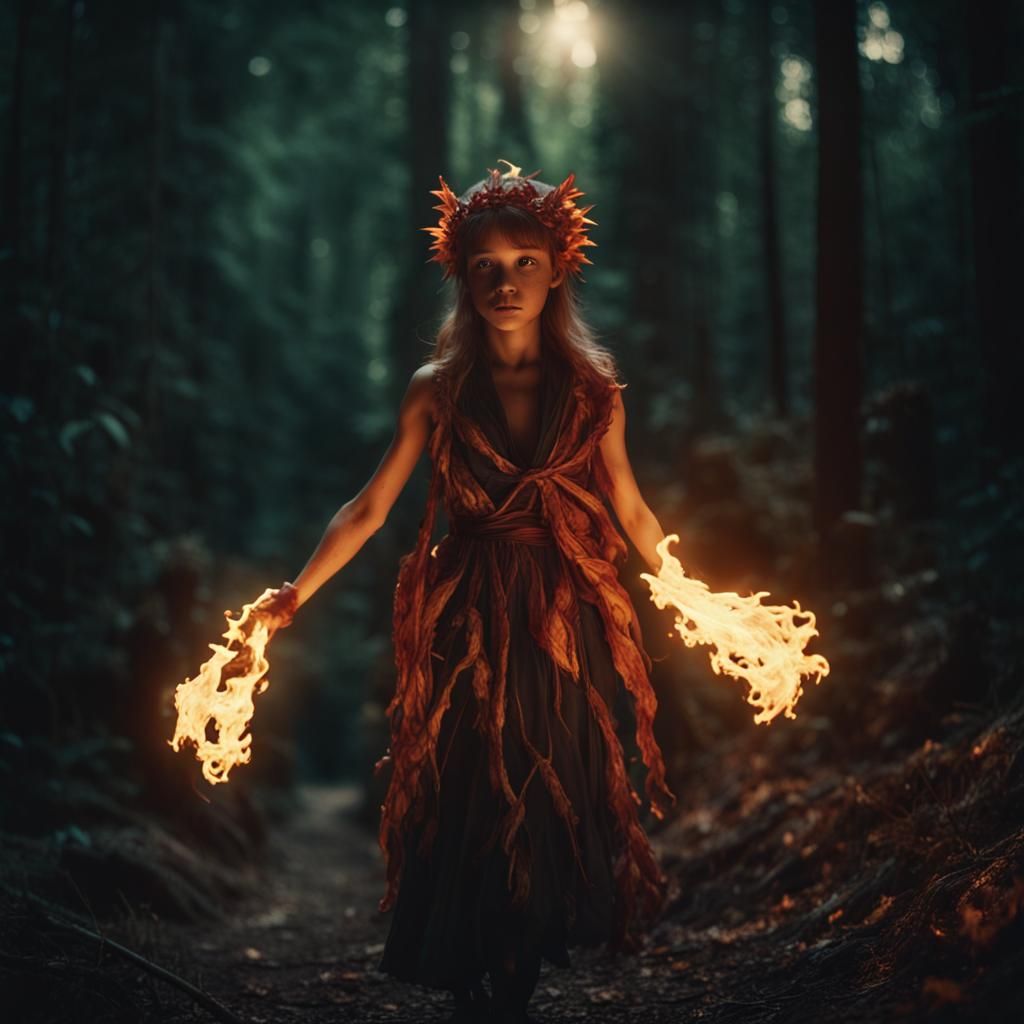 Magical Fire Fairy Leads Path Through Dark Forest