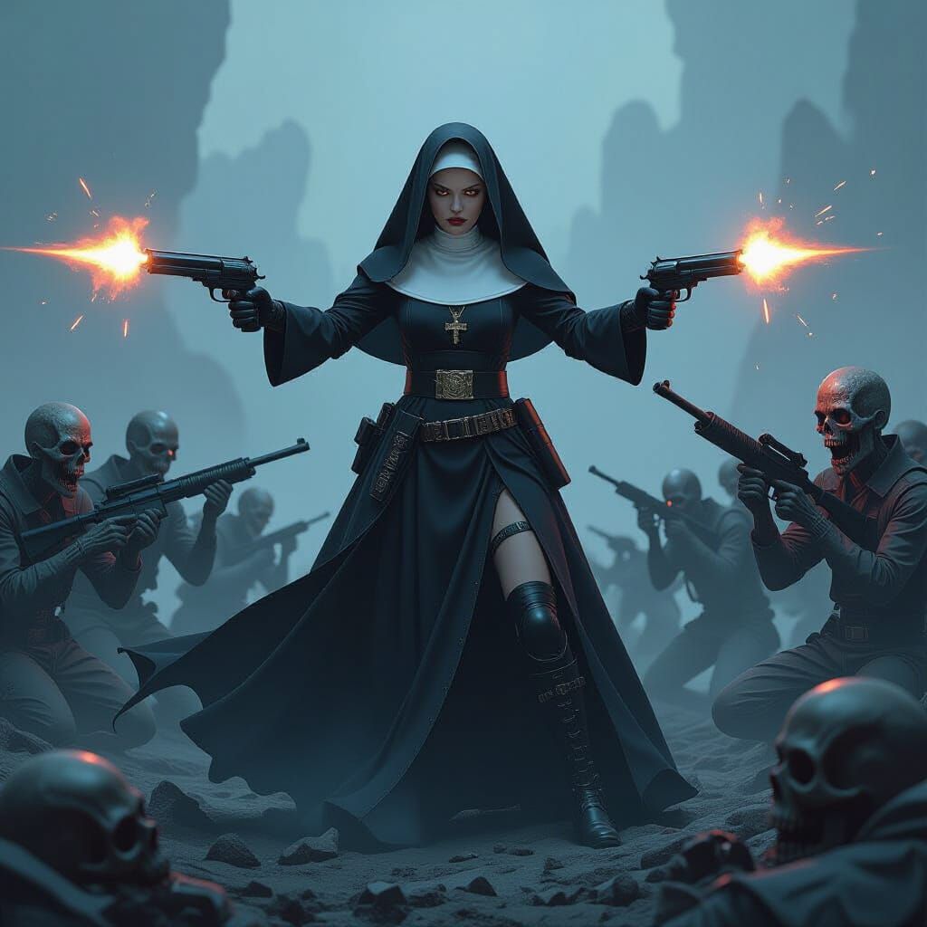 Space Nun Battles Alien Zombies with Smoking Revolvers