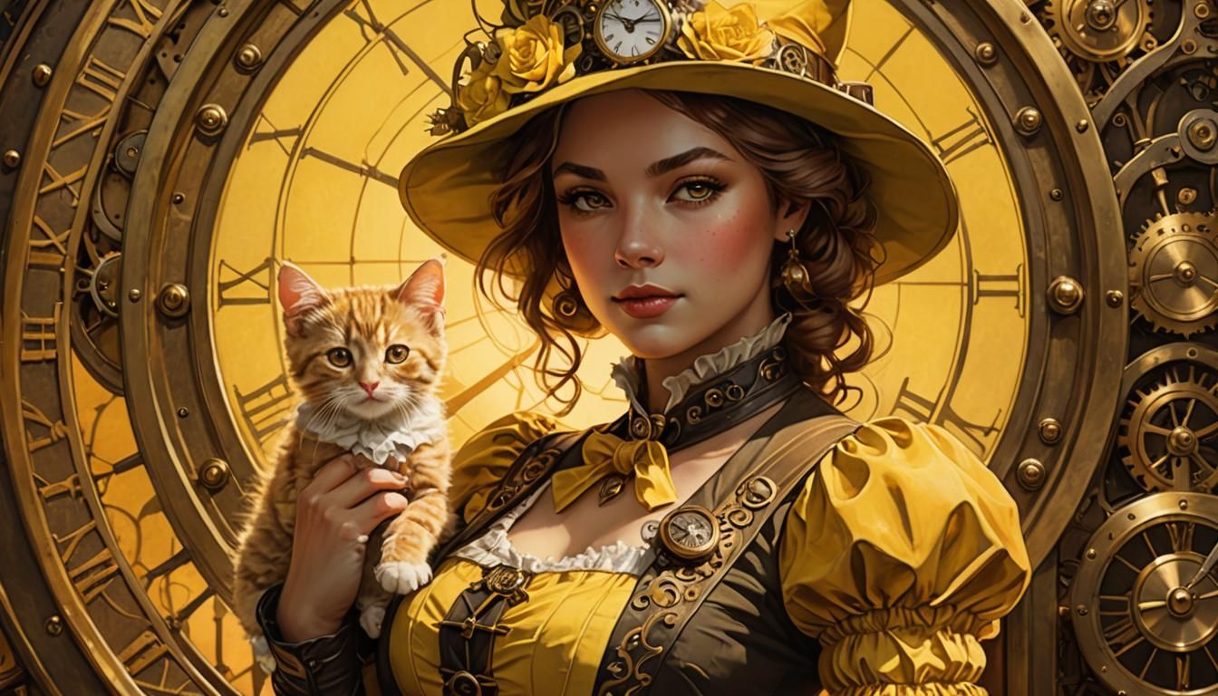 Steampunk Dorothy Portrait with Kitten in Sunset Colors