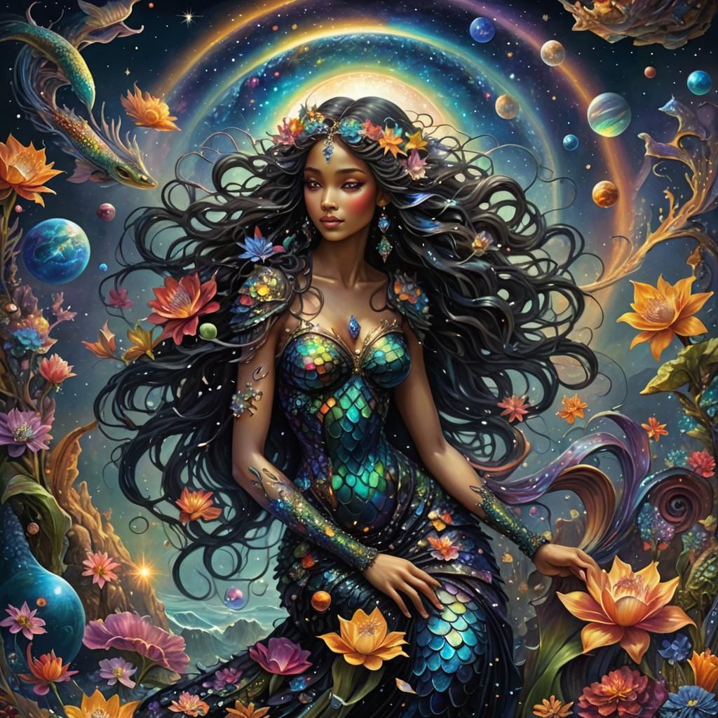Rainbow Mermaid in a Maximalist Digital Painting