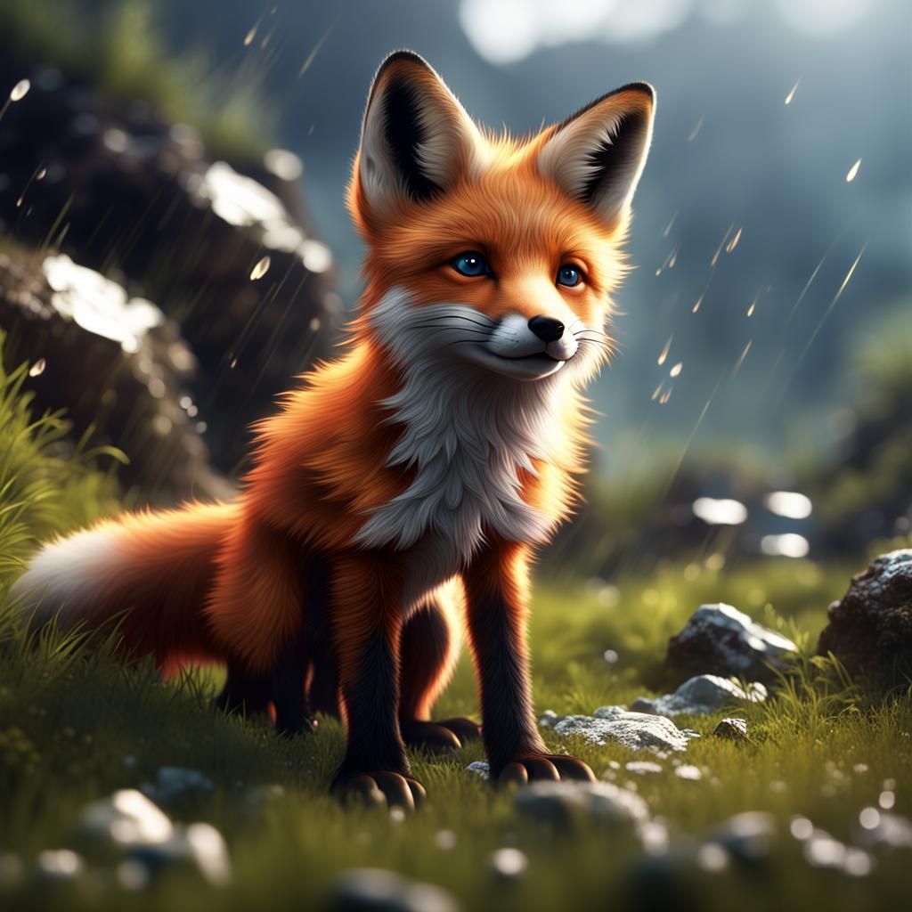 Fox Pup on Rainy Mountain: Detailed Matte Painting