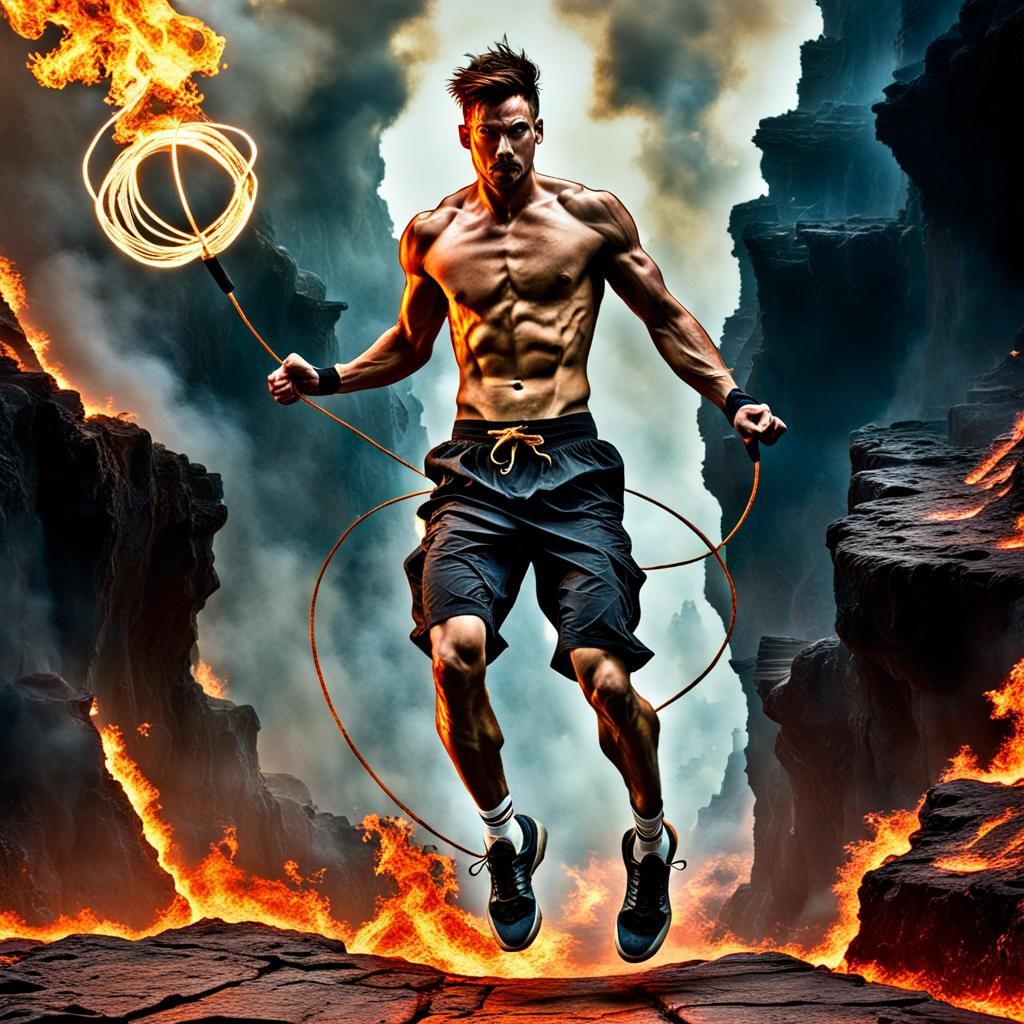 Young Man Jumping Rope Over Fiery Abyss