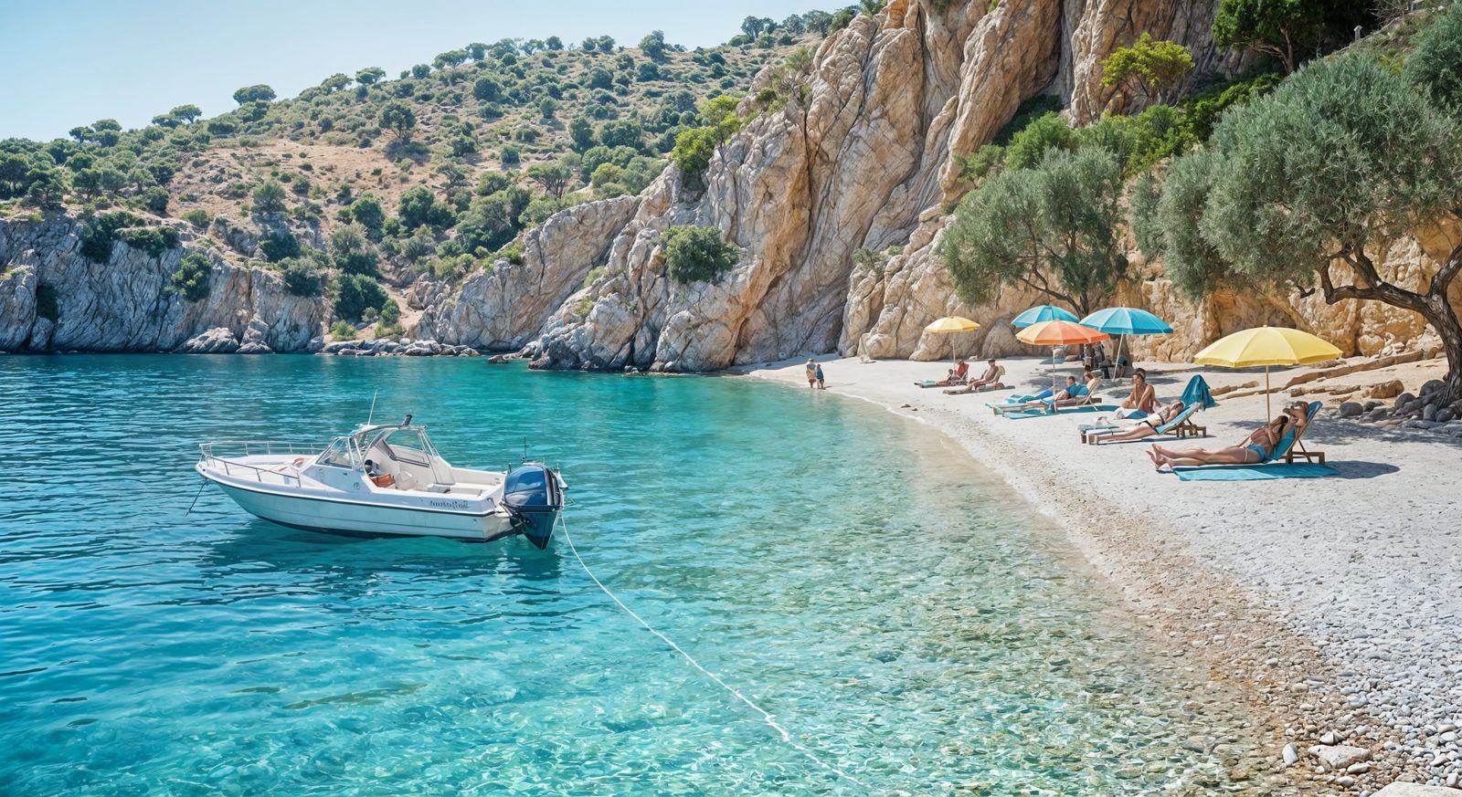 Mediterranean Beach Scene Drawing with Turquoise Water