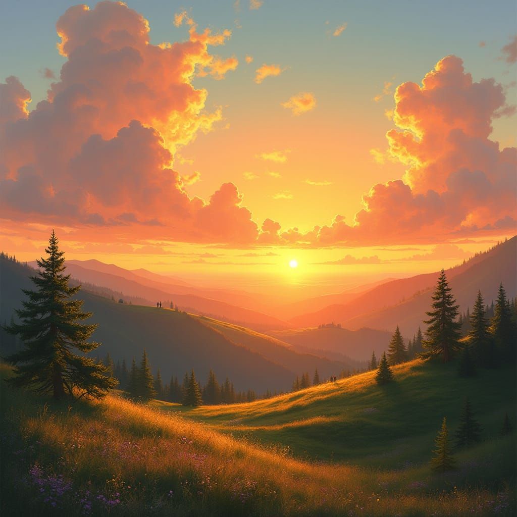 Golden Sunset Over Hills as Luminous Painting