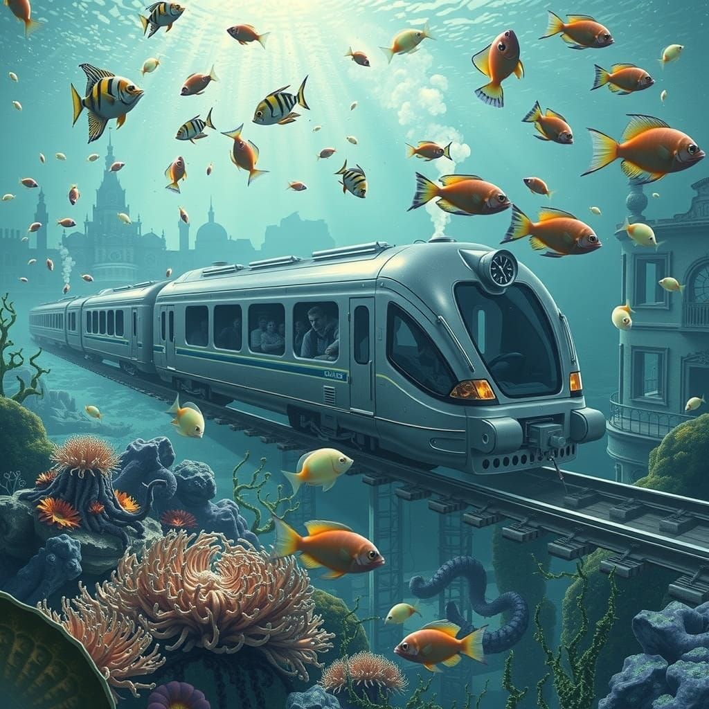 Vintage Train Chugs Along Ocean Floor in Futuristic Underwat...