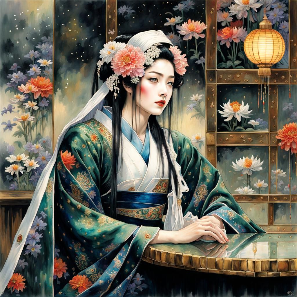 Ethereal Geisha Amidst Cosmic Beauty in Intricate Gold