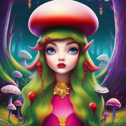 Cute Elf in Mushroom Forest Cartoon Portrait
