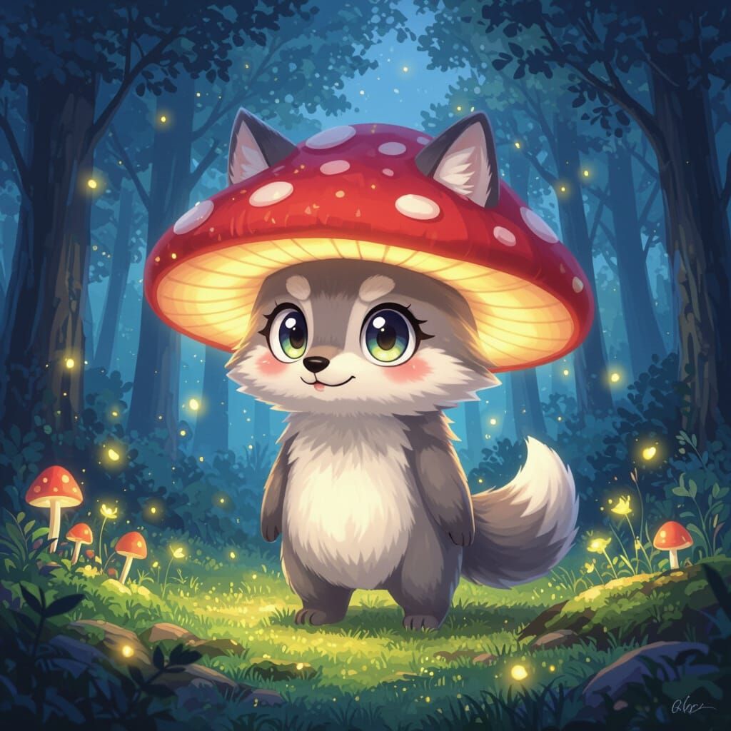 Cute Wolf with Manga Eyes and Mushroom Body in Forest