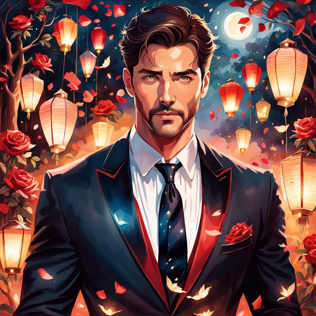 Romantic Man in Red Tuxedo Watercolor Illustration