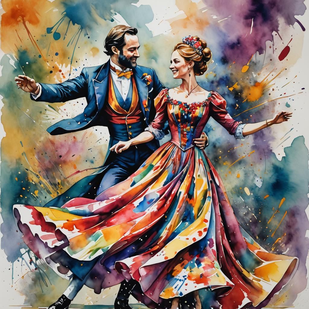 Dynamic Watercolor Painting of Dancing Figures