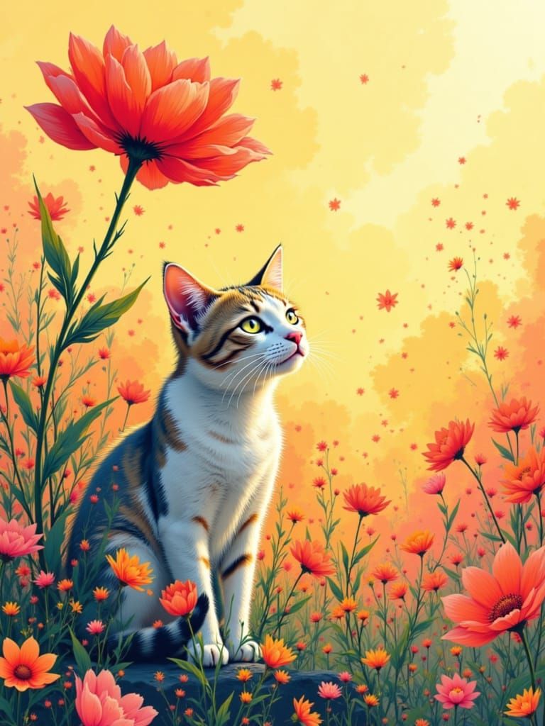 Adorable Cat Under Flower with Flickering Light Effects