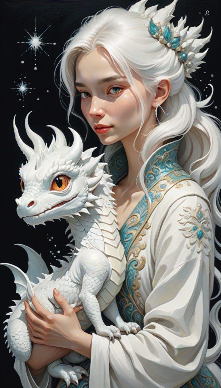 Woman Holding Sparkling Baby Dragon in Gouache Style