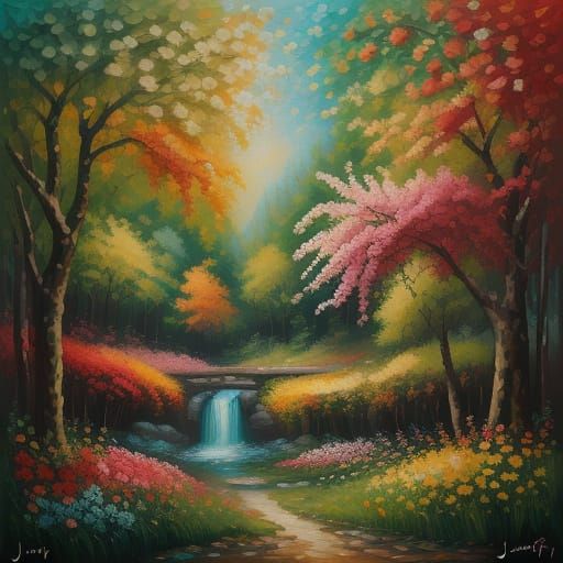 Impressionist Rose Forest with Animals in Monet Style