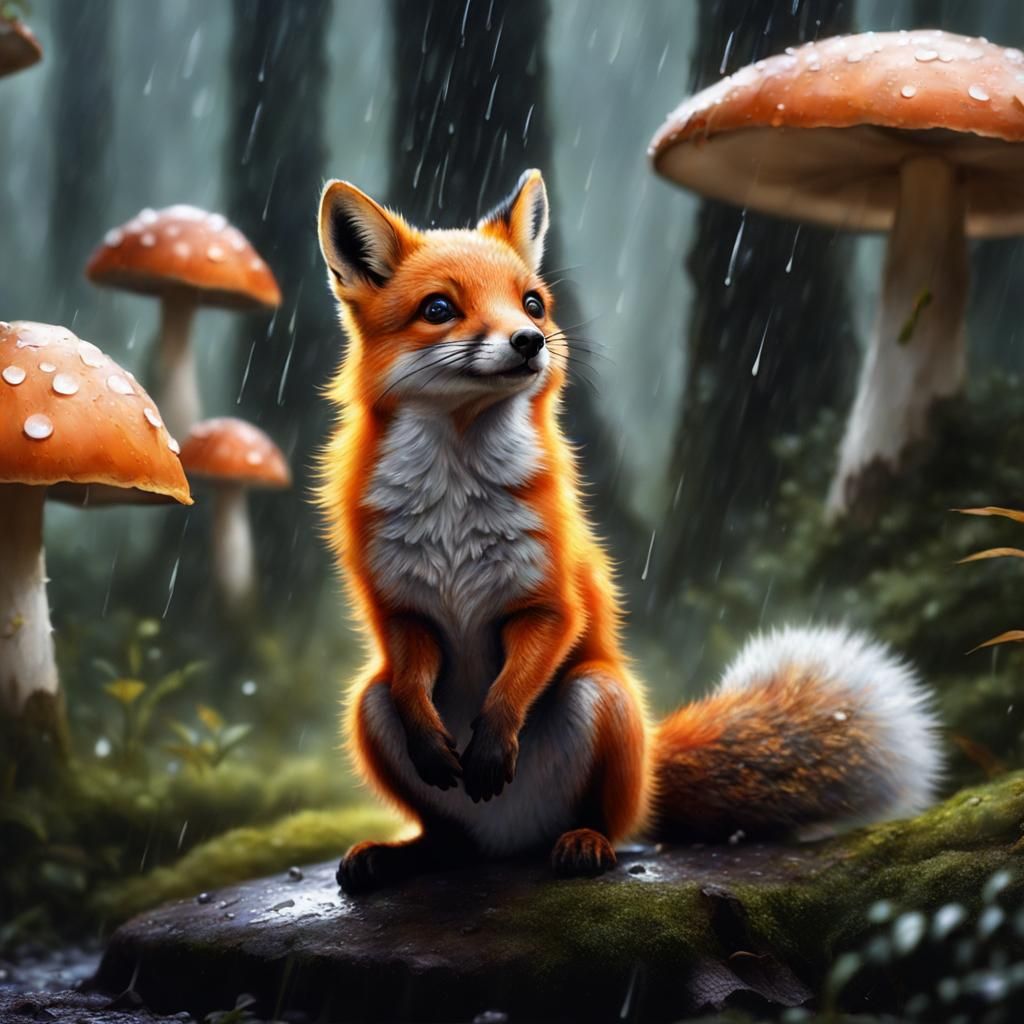 Fox and Squirrel Under Mushroom, Detailed Digital Art