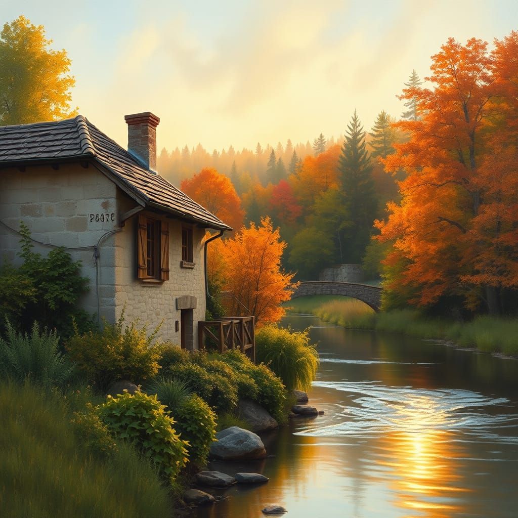 Idyllic Rustic Country House at Sunset, River and Forest