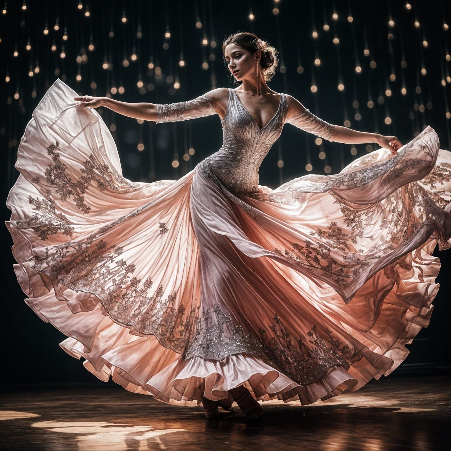 Stunning Flamenco Dancer in Pastel Pink and Silver