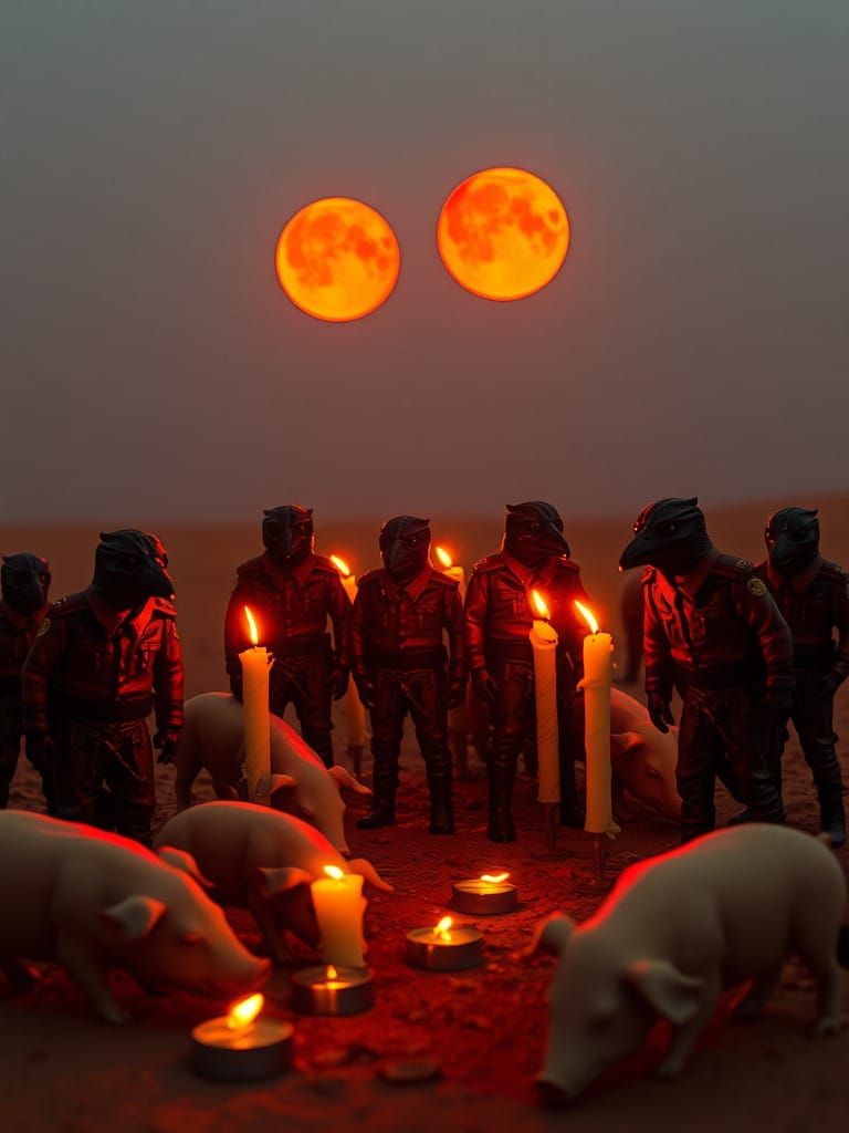 Crow-Men Gather Under Bloody Moons in Desert Twilight