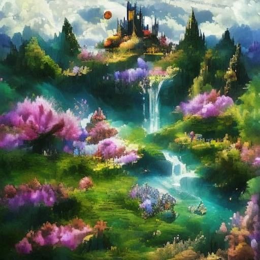 Dark Fantasy Castle with Flower Meadow and Waterfalls
