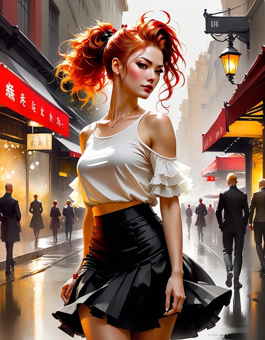 Striking Red-Haired Woman, Watercolor Concept Art