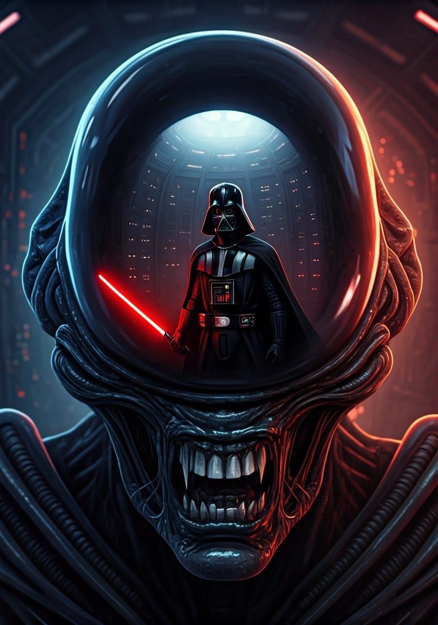 A reflection of Darth Vader on a Xenomorph's head