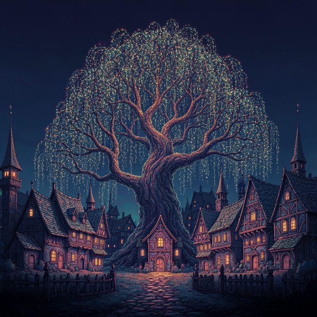 Luminous Willow Tree in Quaint Village