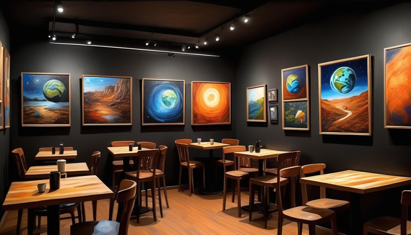 A collection of beautiful and inventive paintings hanging in Night Cafe Art Gallery concept art / academic art / earth a...
