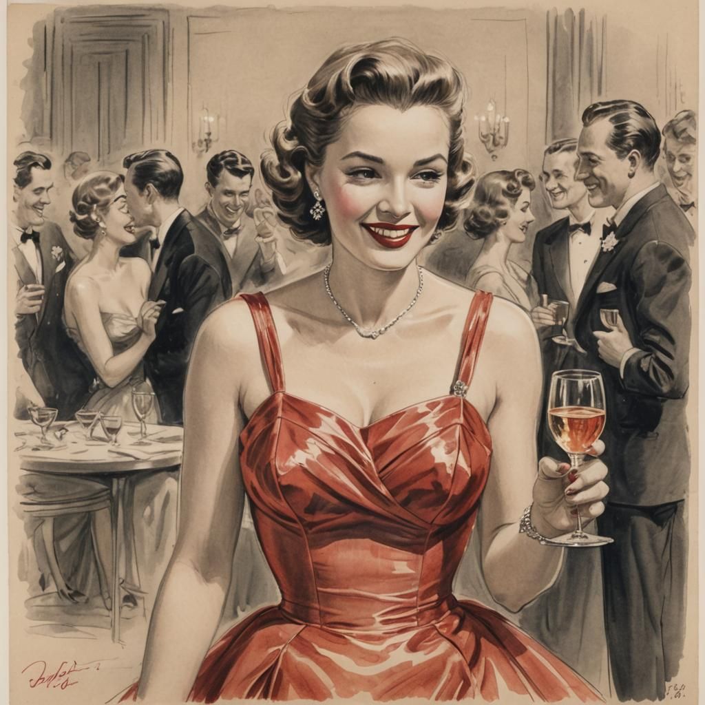 Elegant 1950s Woman in Red Dress, Pencil Art