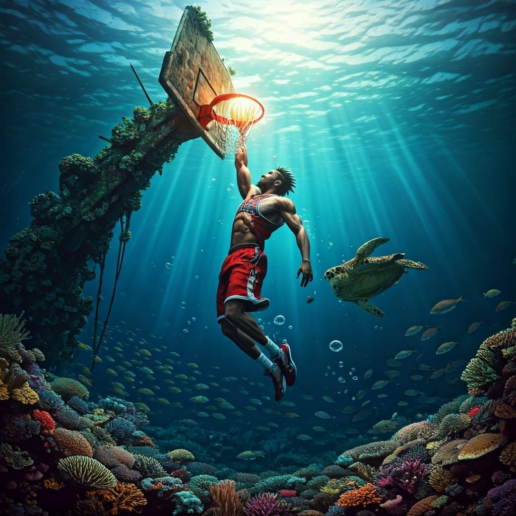 Underwater Basketball Dunk in Digital Painting Style