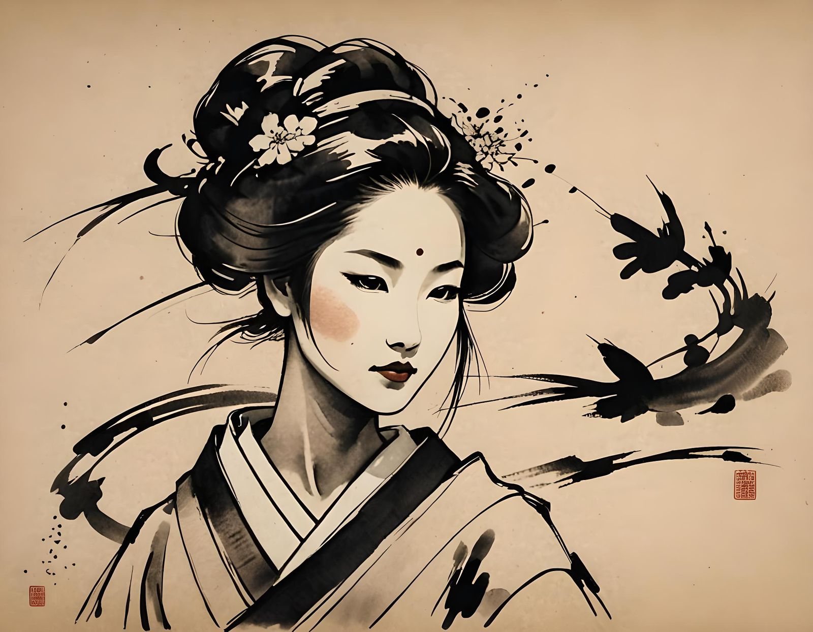 Elegant Abstract Brush Stroke of a Woman in Japanese Style
