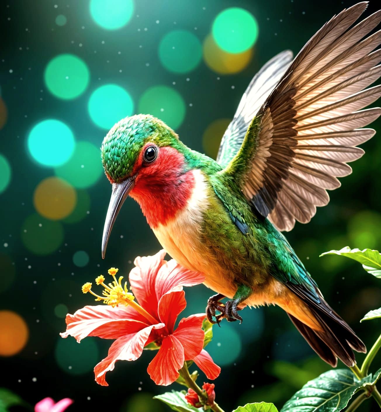 Hummingbird with Hibiscus Flower in Polychromatic Colors