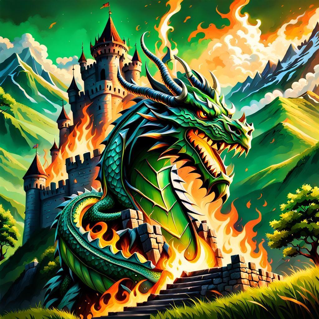 Epic Dragon on Castle with Fire Flames