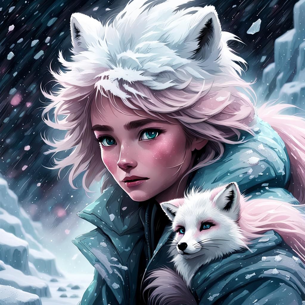 close-up of a female sitting in the middle of a snowstorm wi...